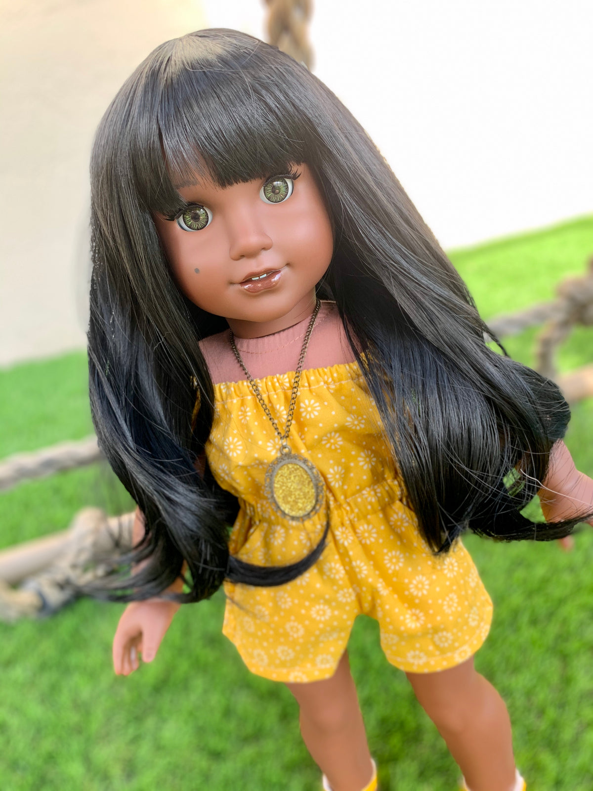 PREORDER Zazou 11" Custom Doll Wig fits Dolls such as American Doll Journey Girls OG Gotz Heat Safe tangle Resistant Black wispy Bangs