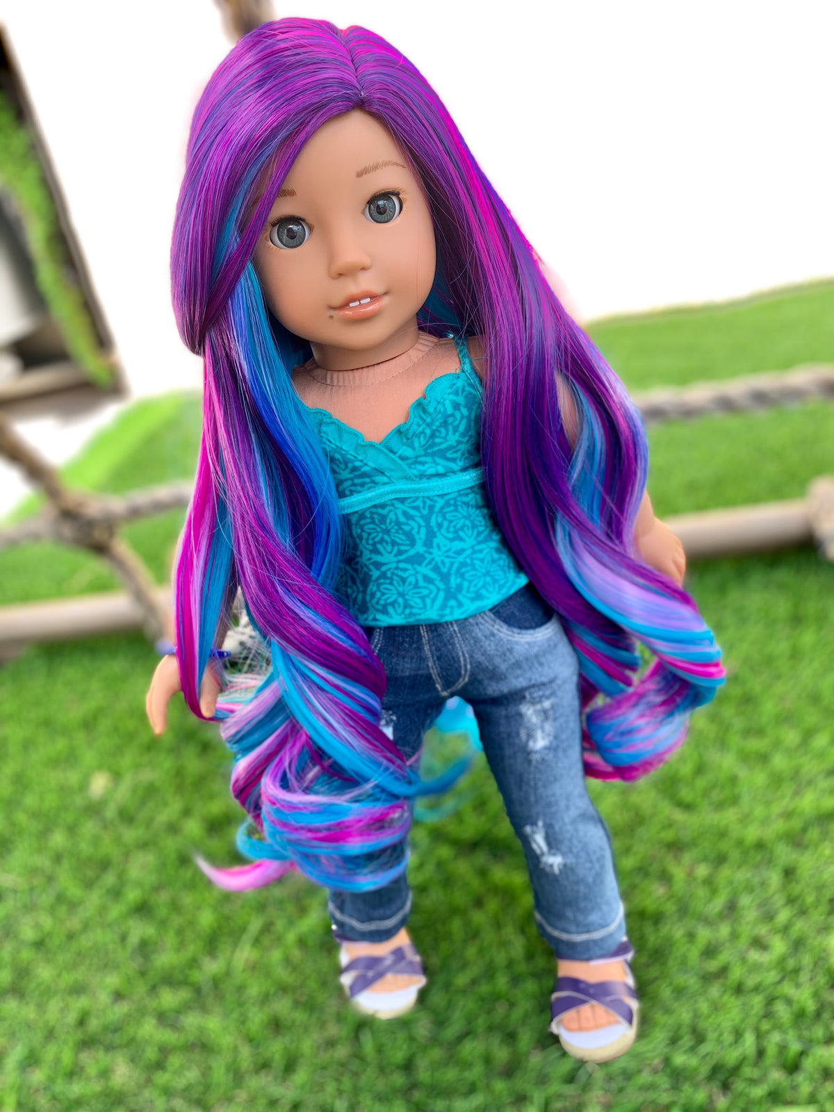Custom doll wig for 18" American Doll - Heat Safe - Tangle Resistant - fits 10-11" head size of 18" dolls OG Blythe BJD Gotz Rainbow