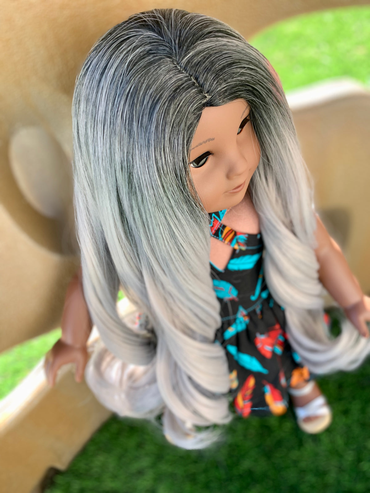 Zazou Custom DYED OMBRE Doll Wig for 18" American Doll Heat Safe Tangle Resistant - fits 10-11" head size of all 18" dolls black grey ombre