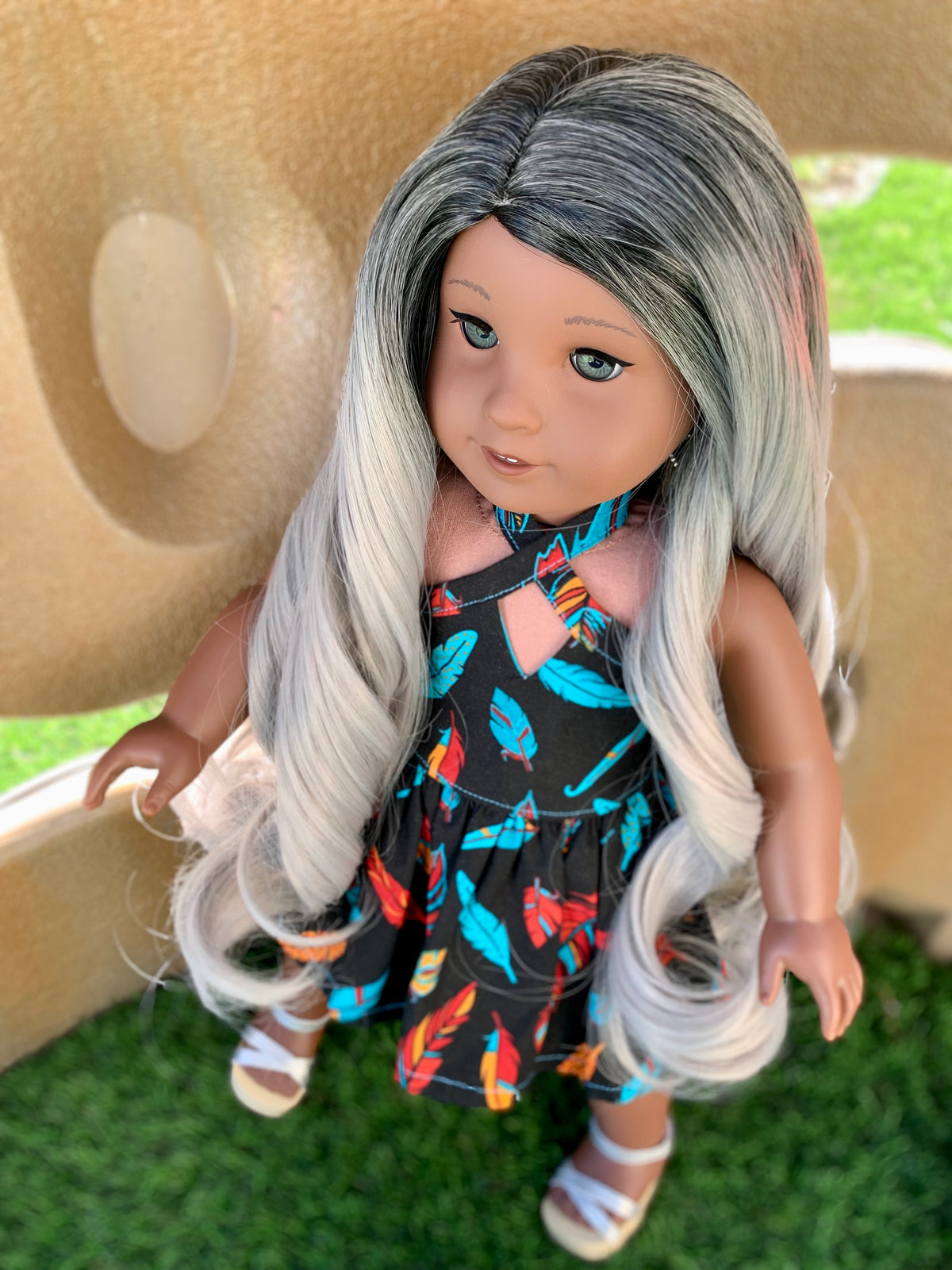 Zazou Custom DYED OMBRE Doll Wig for 18" American Doll Heat Safe Tangle Resistant - fits 10-11" head size of all 18" dolls black grey ombre