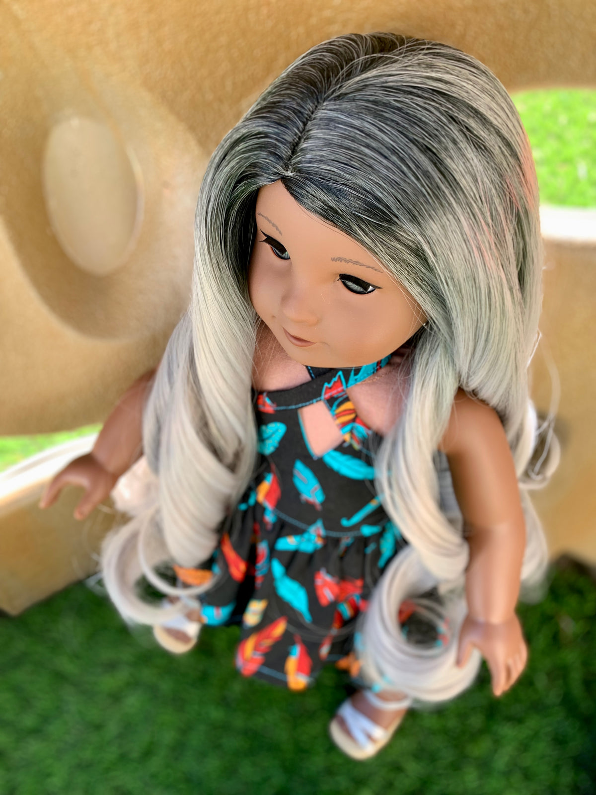 Zazou Custom DYED OMBRE Doll Wig for 18" American Doll Heat Safe Tangle Resistant - fits 10-11" head size of all 18" dolls black grey ombre
