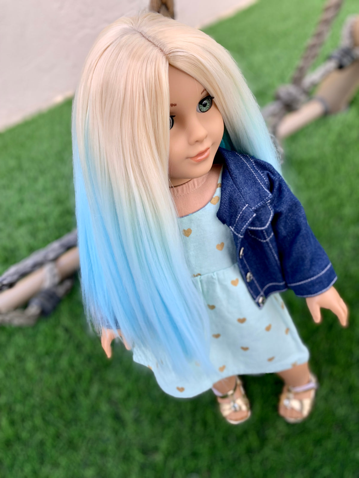 Zazou Custom DYED OMBRE Doll Wig for 18" American Dolls Heat Safe Tangle Resistant - fits 10-11" head size of 18" dolls Unicorn Ombre blue