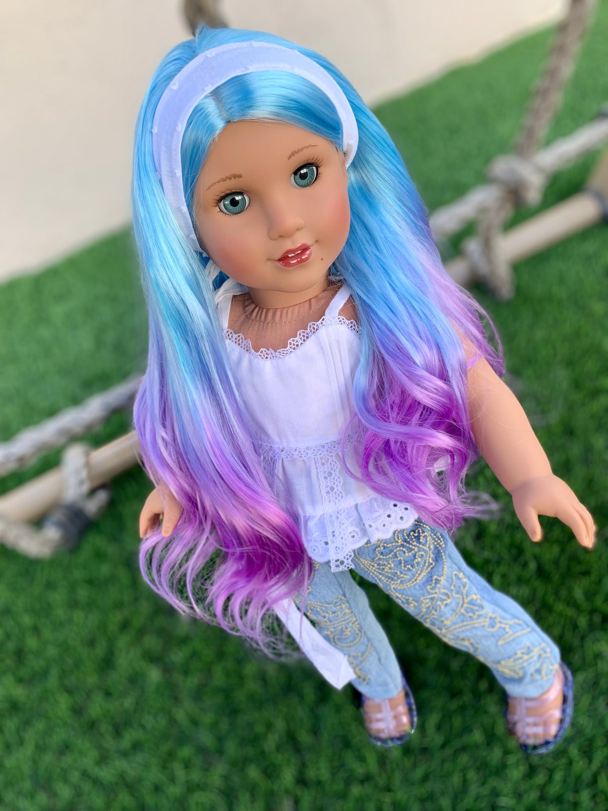 Zazou Custom doll wig for 18" American Doll Heat Safe-Tangle Resistant-fits 10-11" head size of 18" dolls OG Journey Gotz Dyed Ombre
