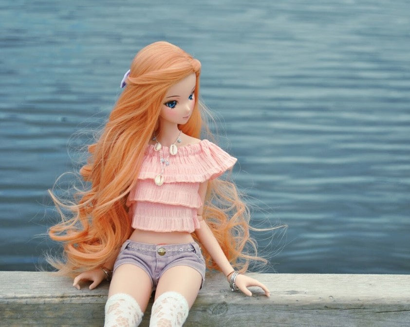 PREORDER ZaZou Luxury Peach WIG for Smart Doll, Ruby Red Fashion Friends, 18" MSD BJD Kaye Wiggs