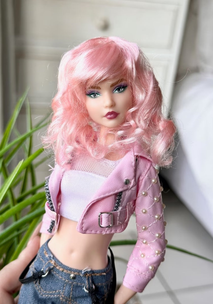 Grapefruit Pink Vegan Mohair Wig for 1/6 Fashion Dolls, 3-4" Head