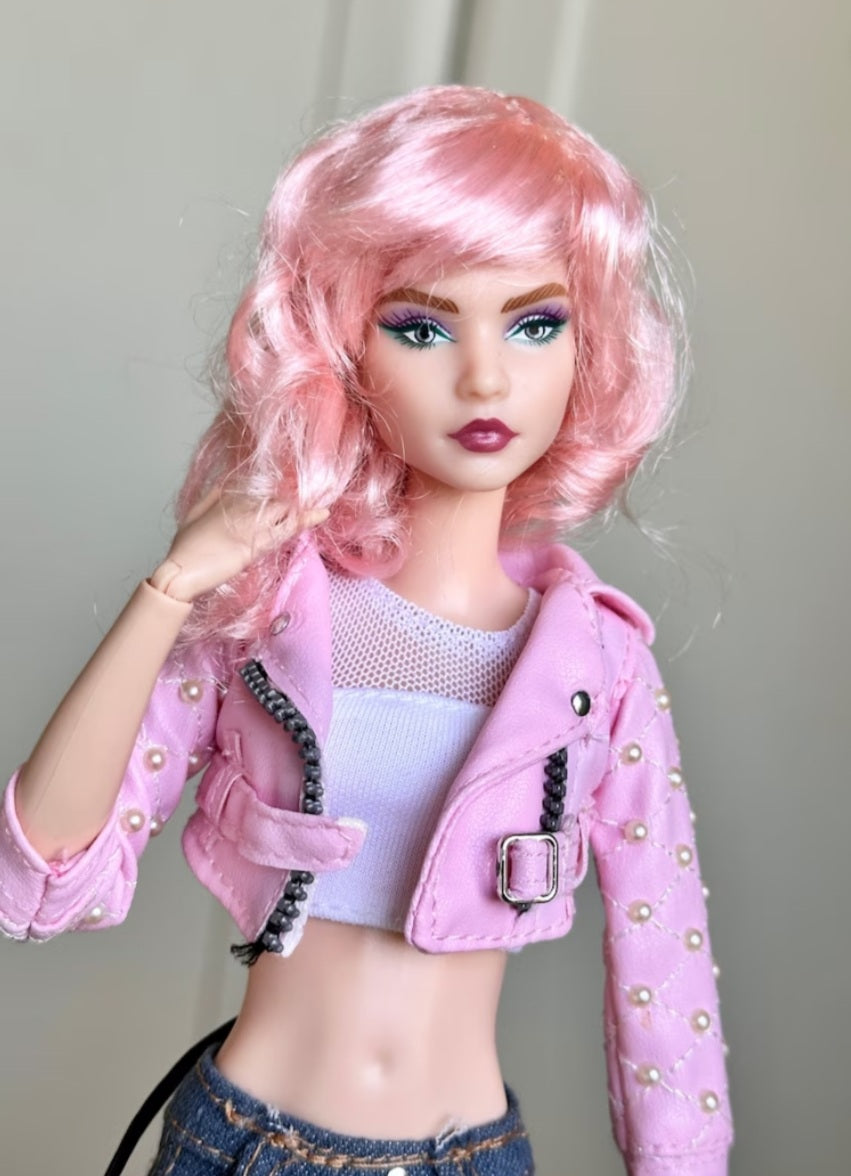 Grapefruit Pink Vegan Mohair Wig for 1/6 Fashion Dolls, 3-4" Head