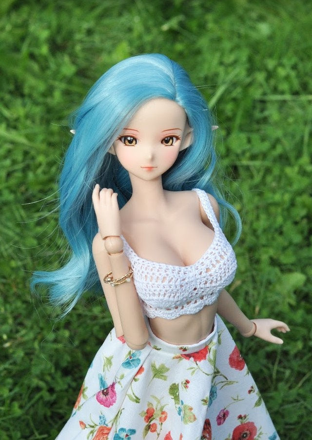 Custom doll WIG for Smart Dolls- Heat Safe - Tangle Resistant- 8.5" head size of Bjd, Sd, Dollfie Dream dolls Blue "TAN CAPS"