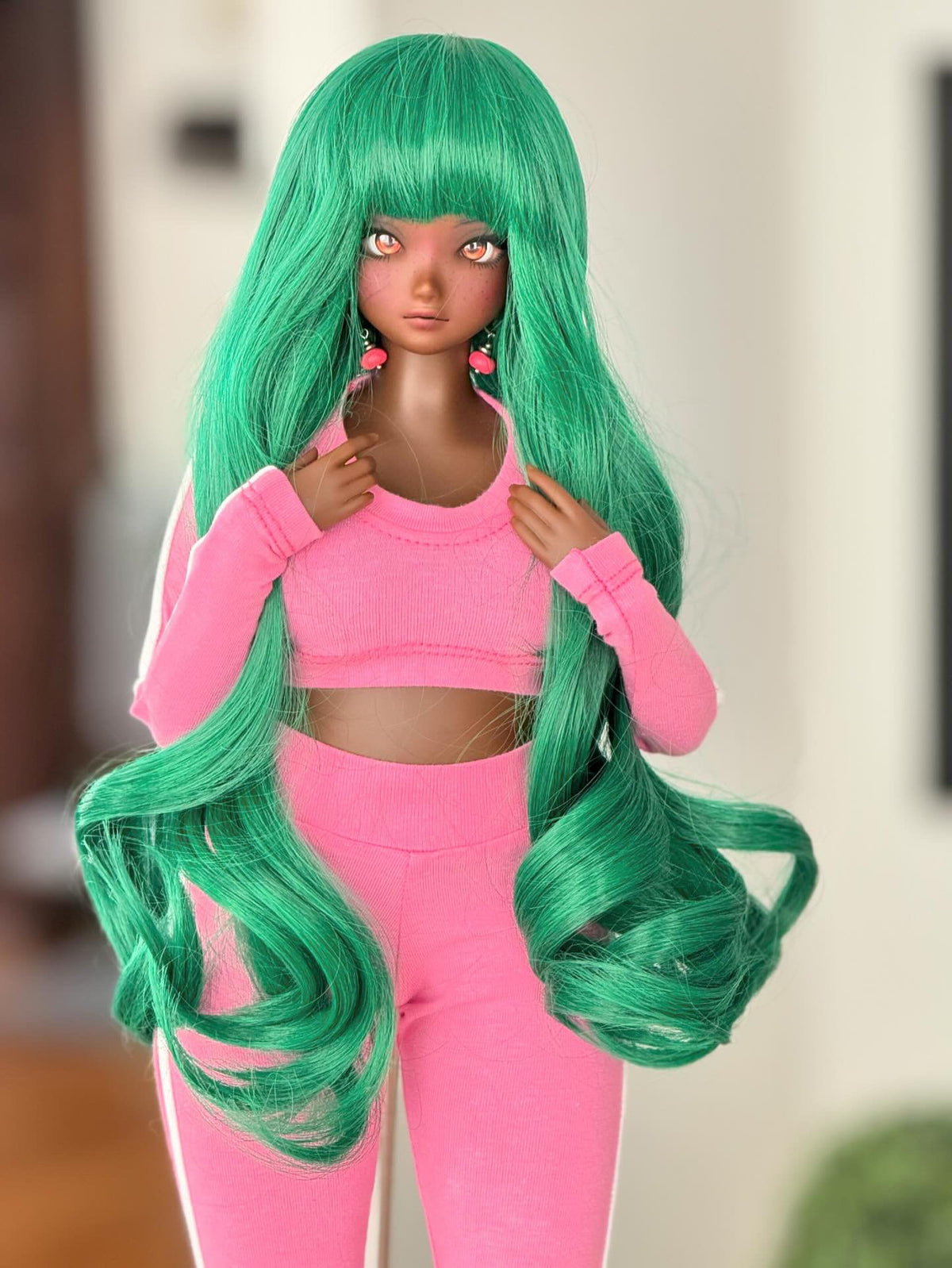 Custom doll Wig for Smart Dolls- "Tan Caps" 8-9" head size of Bjd, SD, Dollfie Dream dolls Green curls Zazou Dolls "Loose fit" Cap required