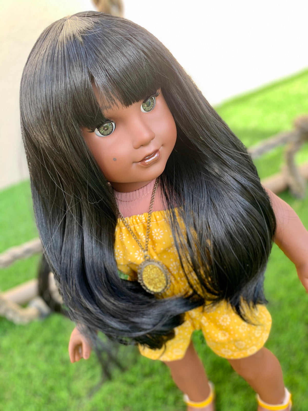 PREORDER 11" Custom Doll Wig fits American Girl Dolls Journey Girls Our Generation Gotz HEAT SAFE tangle Resistant Black Bangs