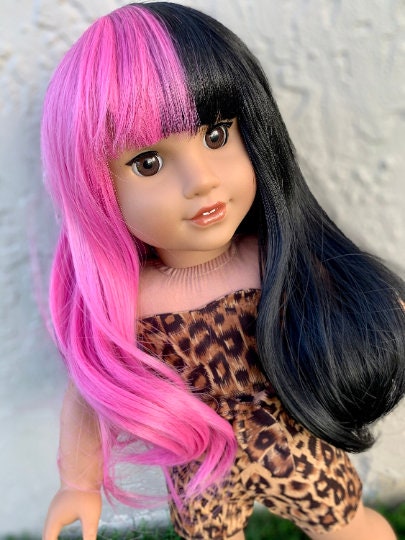 Custom HAND DYED Doll Wig for 18" American Girl Doll Heat Safe Tangle Resistant - fits 10-11" head size of most 18" dolls Black & pink