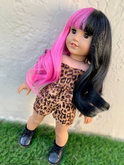 Custom HAND DYED Doll Wig for 18" American Girl Doll Heat Safe Tangle Resistant - fits 10-11" head size of most 18" dolls Black & pink