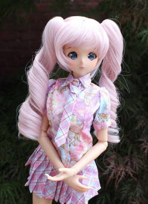 Custom doll WIG for Smart Dolls- Heat Safe - Tangle Resistant- 8.5" head size of Bjd, SD, Dollfie Dream dolls Pink ponytails removeable