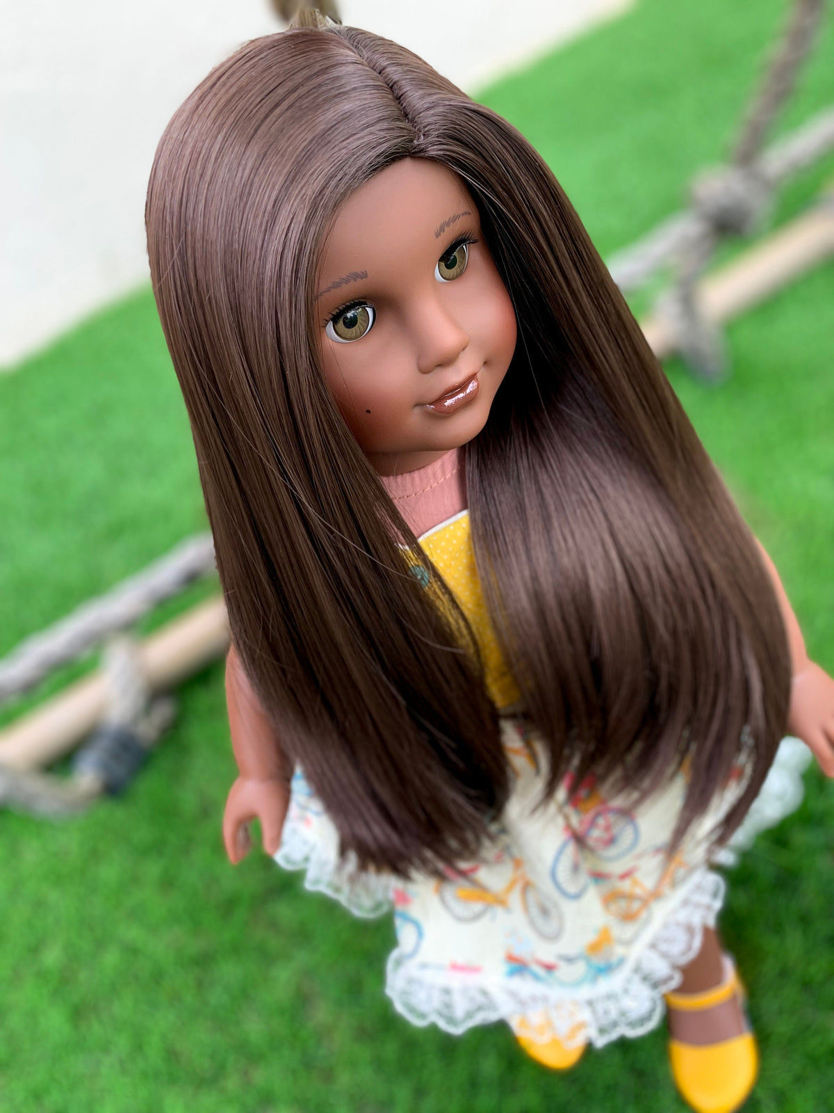 Zazou Custom doll wig for 18" American Girl Dolls - Heat Safe - Tangle Resistant - fits 10-11" head size of 18" dolls OG Blythe BJD Gotz Brown