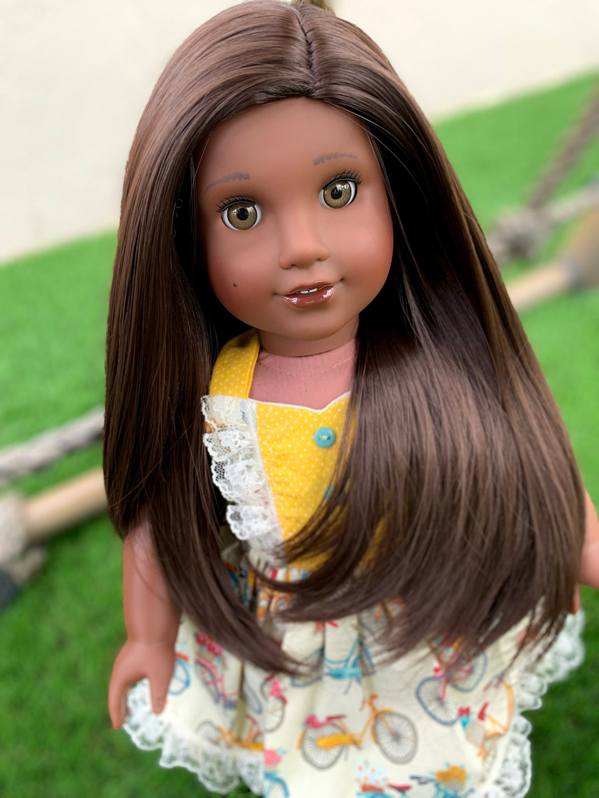 Zazou Custom doll wig for 18" American Girl Dolls - Heat Safe - Tangle Resistant - fits 10-11" head size of 18" dolls OG Blythe BJD Gotz Brown