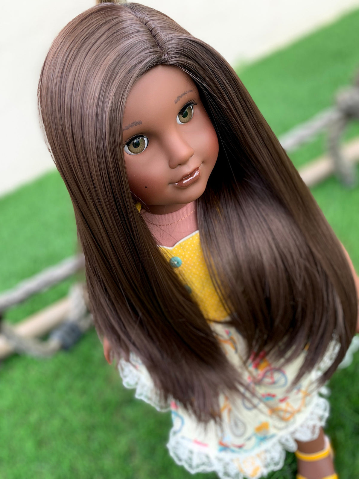 Zazou Custom doll wig for 18" American Girl Dolls - Heat Safe - Tangle Resistant - fits 10-11" head size of 18" dolls OG Blythe BJD Gotz Brown