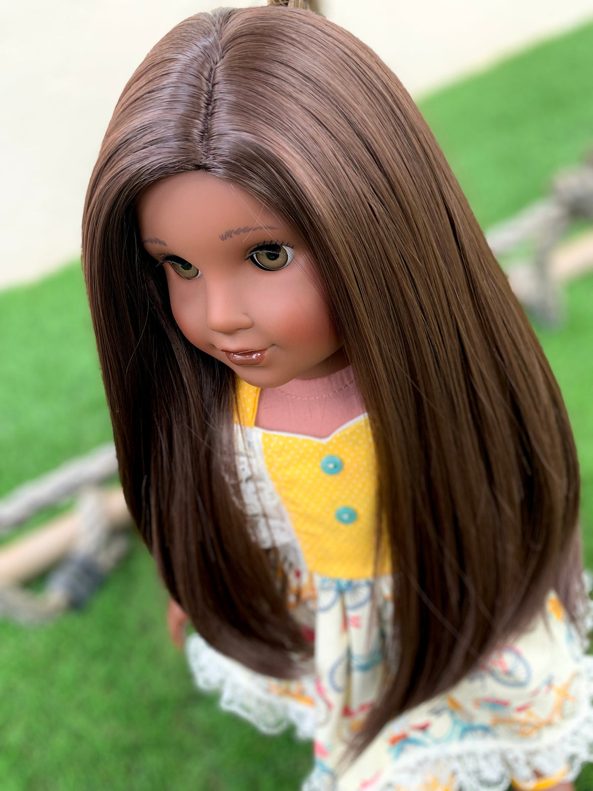 Zazou Custom doll wig for 18" American Girl Dolls - Heat Safe - Tangle Resistant - fits 10-11" head size of 18" dolls OG Blythe BJD Gotz Brown