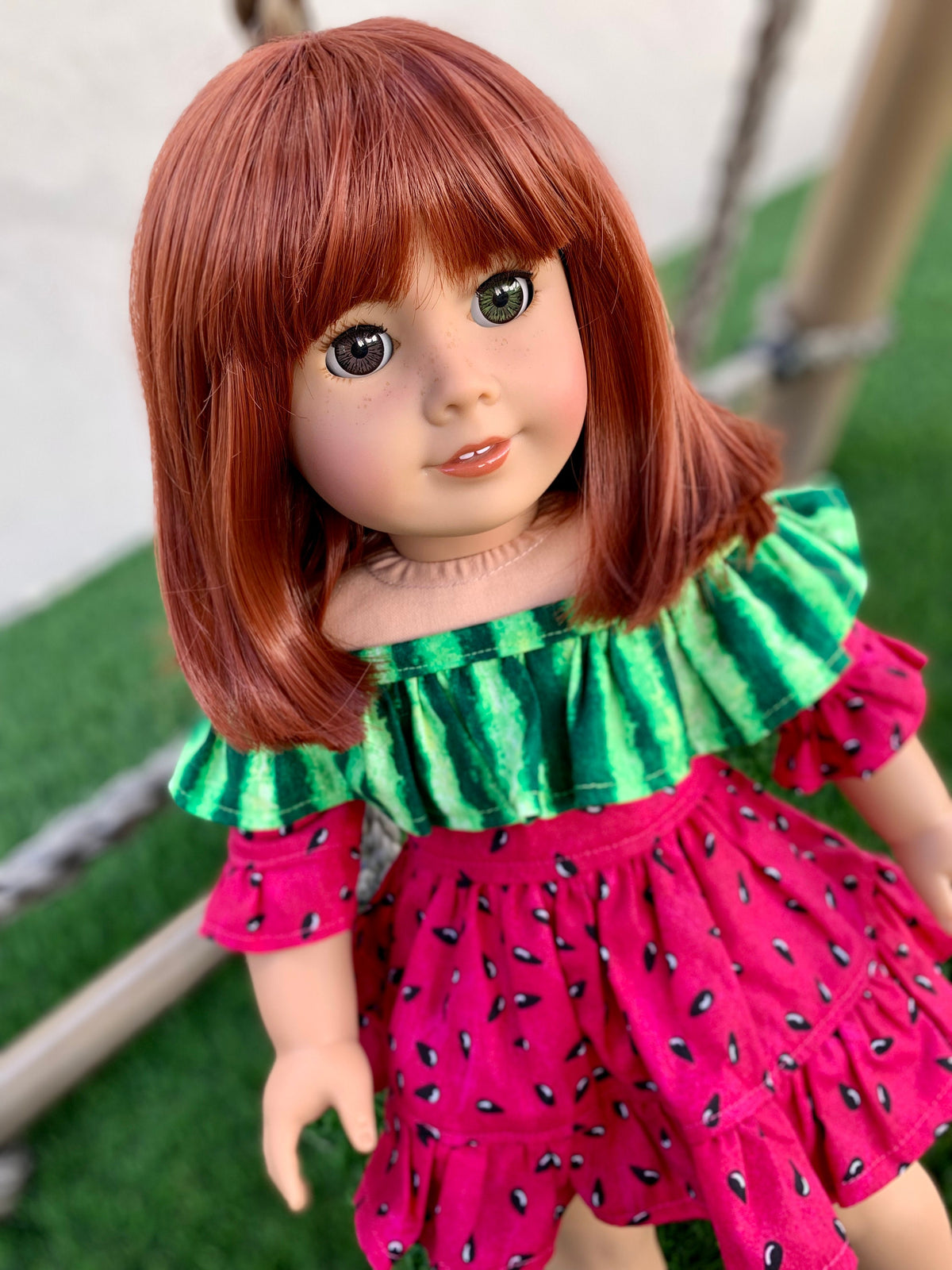 Custom doll wig for 18" American Girl Dolls -Heat & Tangle Resistant - fits 10-11" size of 18" dolls OG Blythe BJD Gotz dark Red bangs