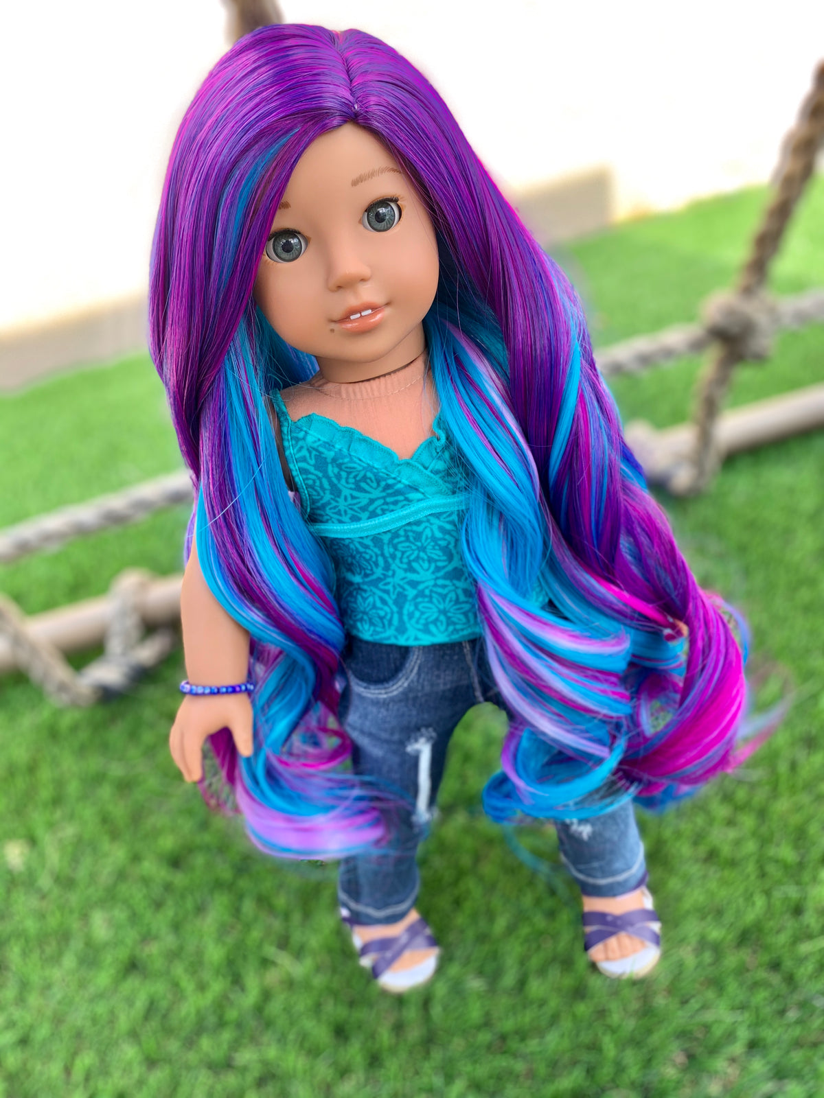 Custom doll wig for 18" American Doll  - Heat Safe - Tangle Resistant - fits 10-11" head size of 18" dolls OG Blythe BJD Gotz Rainbow