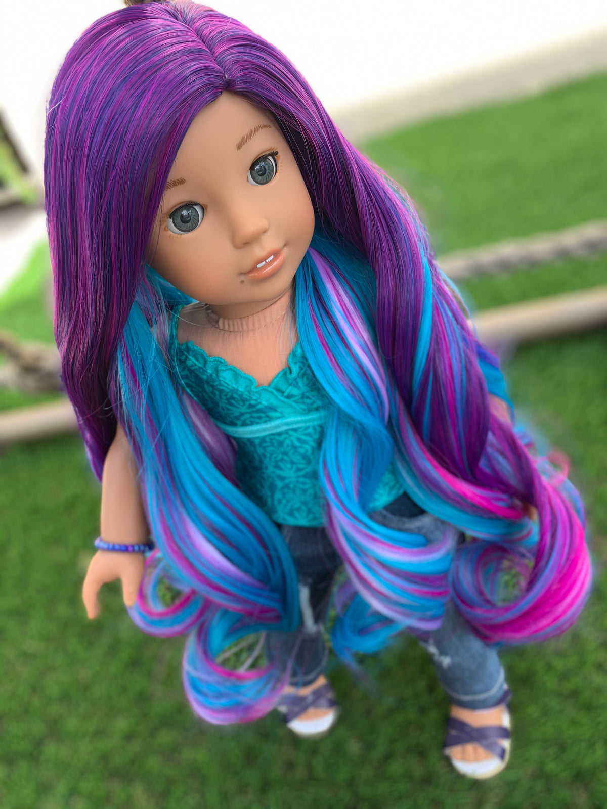 Custom doll wig for 18" American Doll  - Heat Safe - Tangle Resistant - fits 10-11" head size of 18" dolls OG Blythe BJD Gotz Rainbow