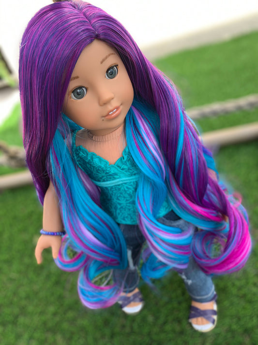 Custom doll wig for 18" American Doll  - Heat Safe - Tangle Resistant - fits 10-11" head size of 18" dolls OG Blythe BJD Gotz Rainbow