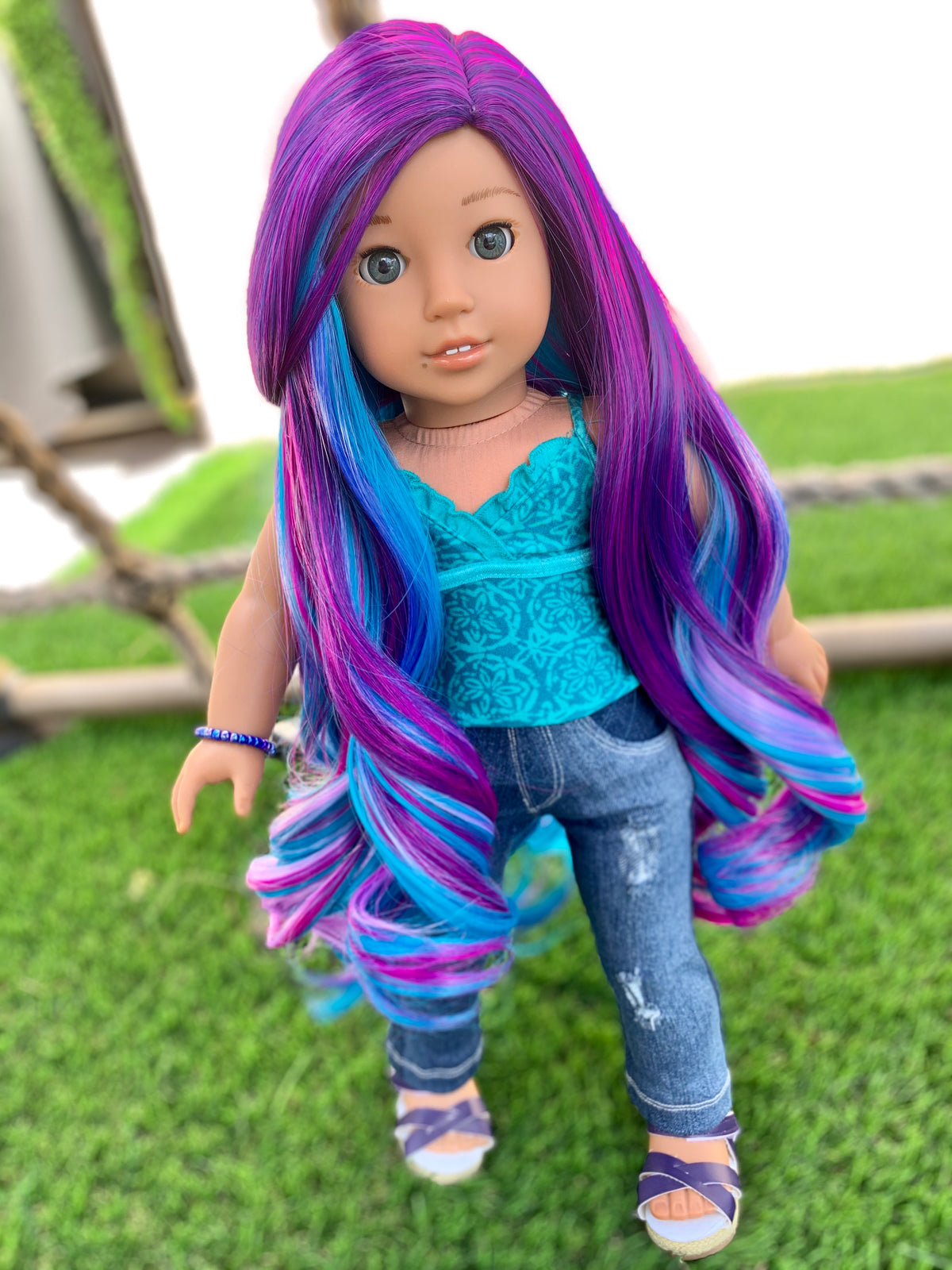 Custom doll wig for 18" American Doll  - Heat Safe - Tangle Resistant - fits 10-11" head size of 18" dolls OG Blythe BJD Gotz Rainbow