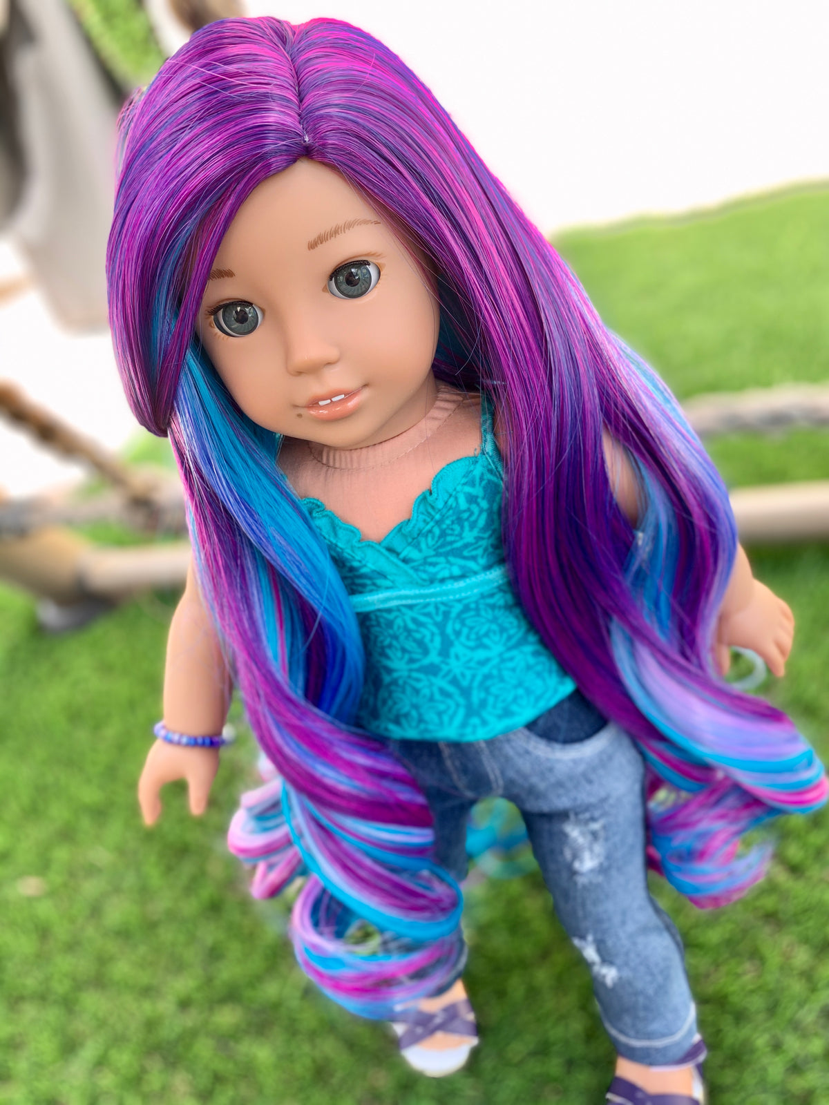 Custom doll wig for 18" American Doll  - Heat Safe - Tangle Resistant - fits 10-11" head size of 18" dolls OG Blythe BJD Gotz Rainbow