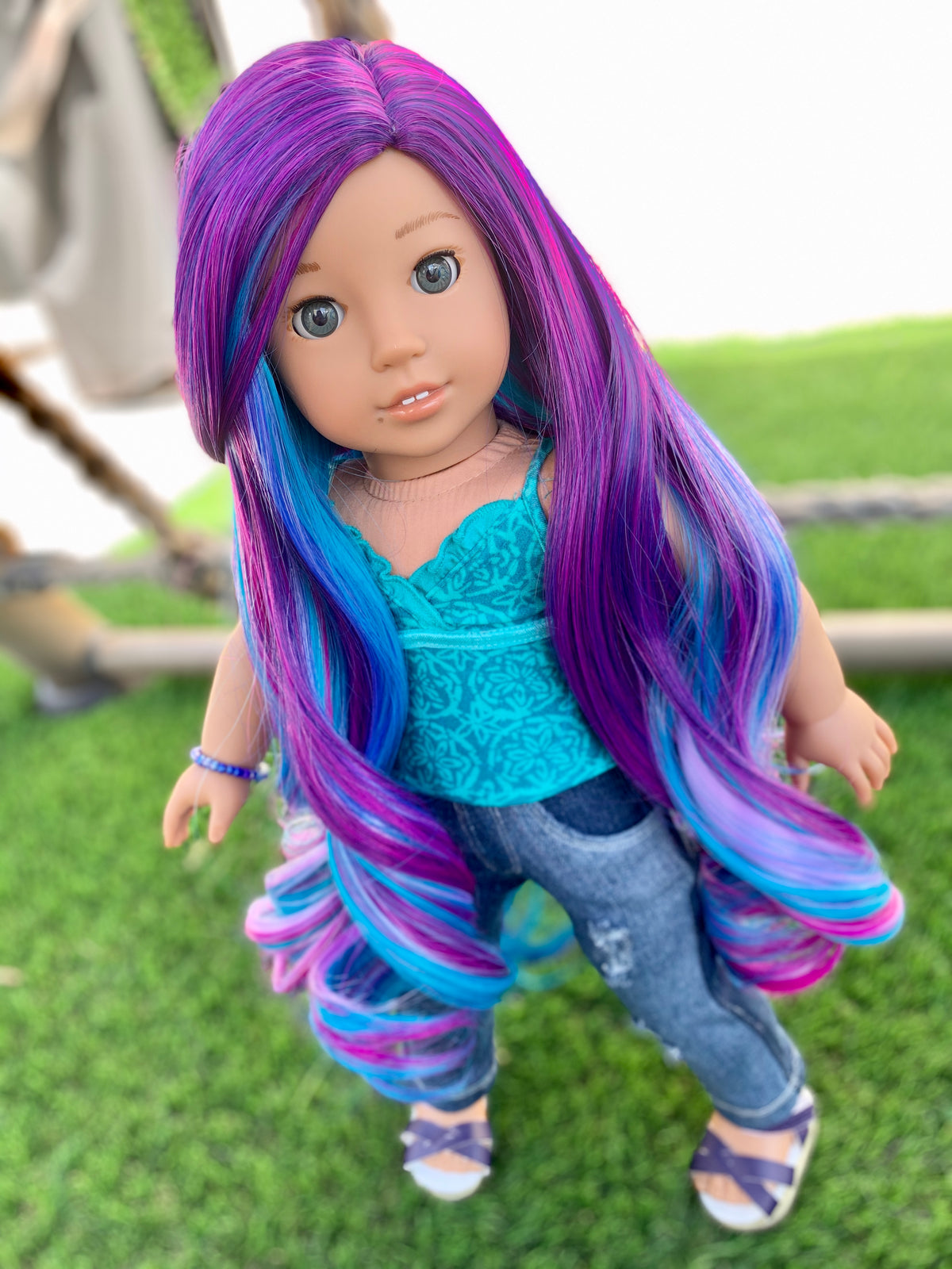 Custom doll wig for 18" American Doll  - Heat Safe - Tangle Resistant - fits 10-11" head size of 18" dolls OG Blythe BJD Gotz Rainbow