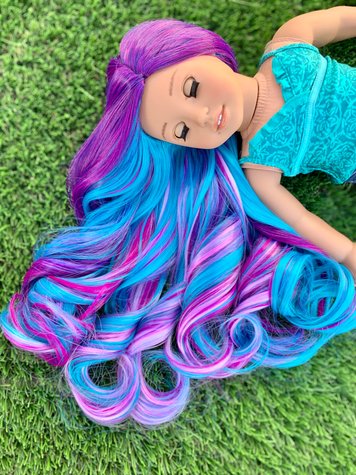 Custom doll wig for 18" American Doll  - Heat Safe - Tangle Resistant - fits 10-11" head size of 18" dolls OG Blythe BJD Gotz Rainbow