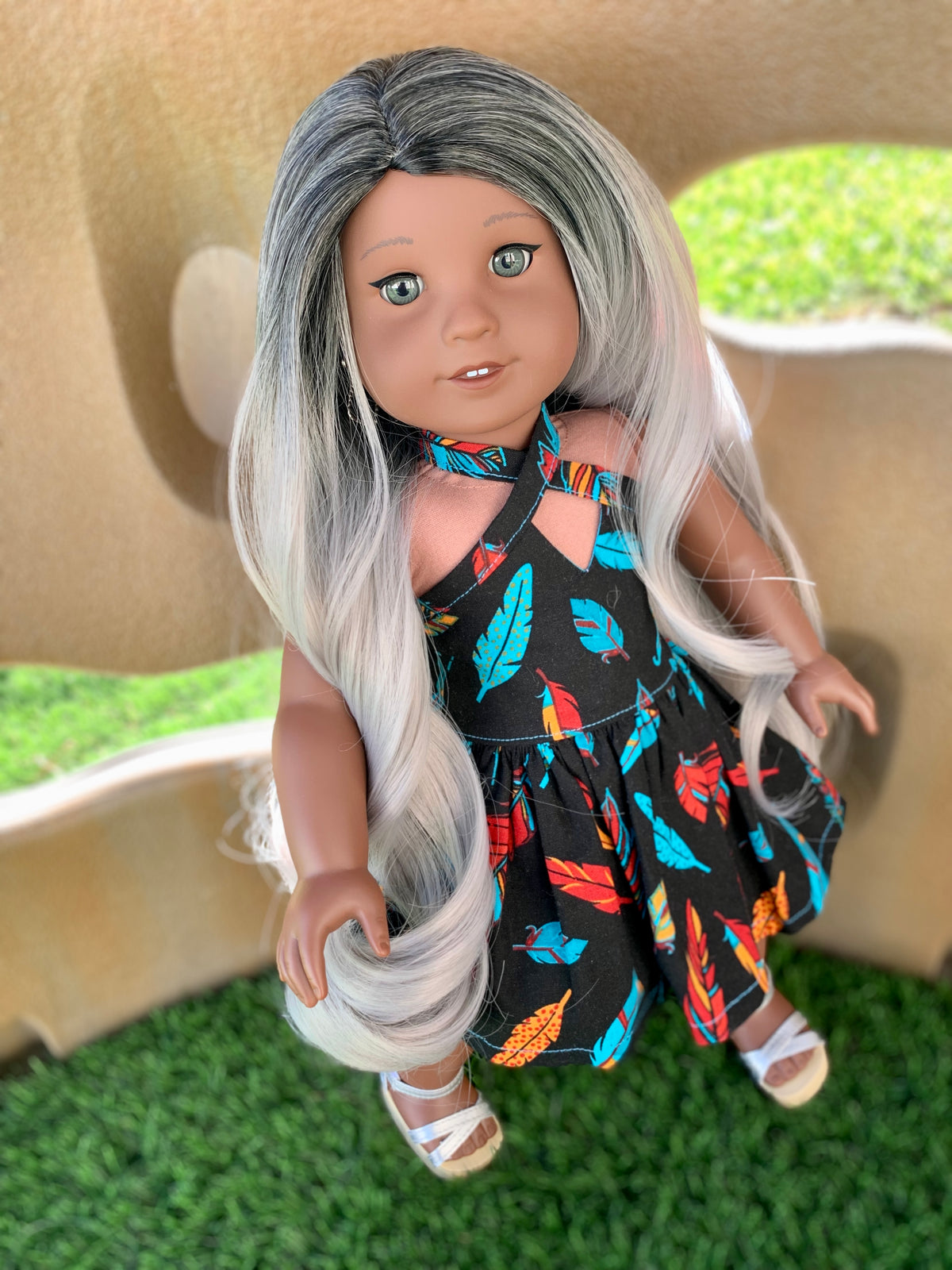 Zazou Custom DYED OMBRE Doll Wig for 18" American Doll  Heat Safe Tangle Resistant - fits 10-11" head size of all 18" dolls black grey ombre