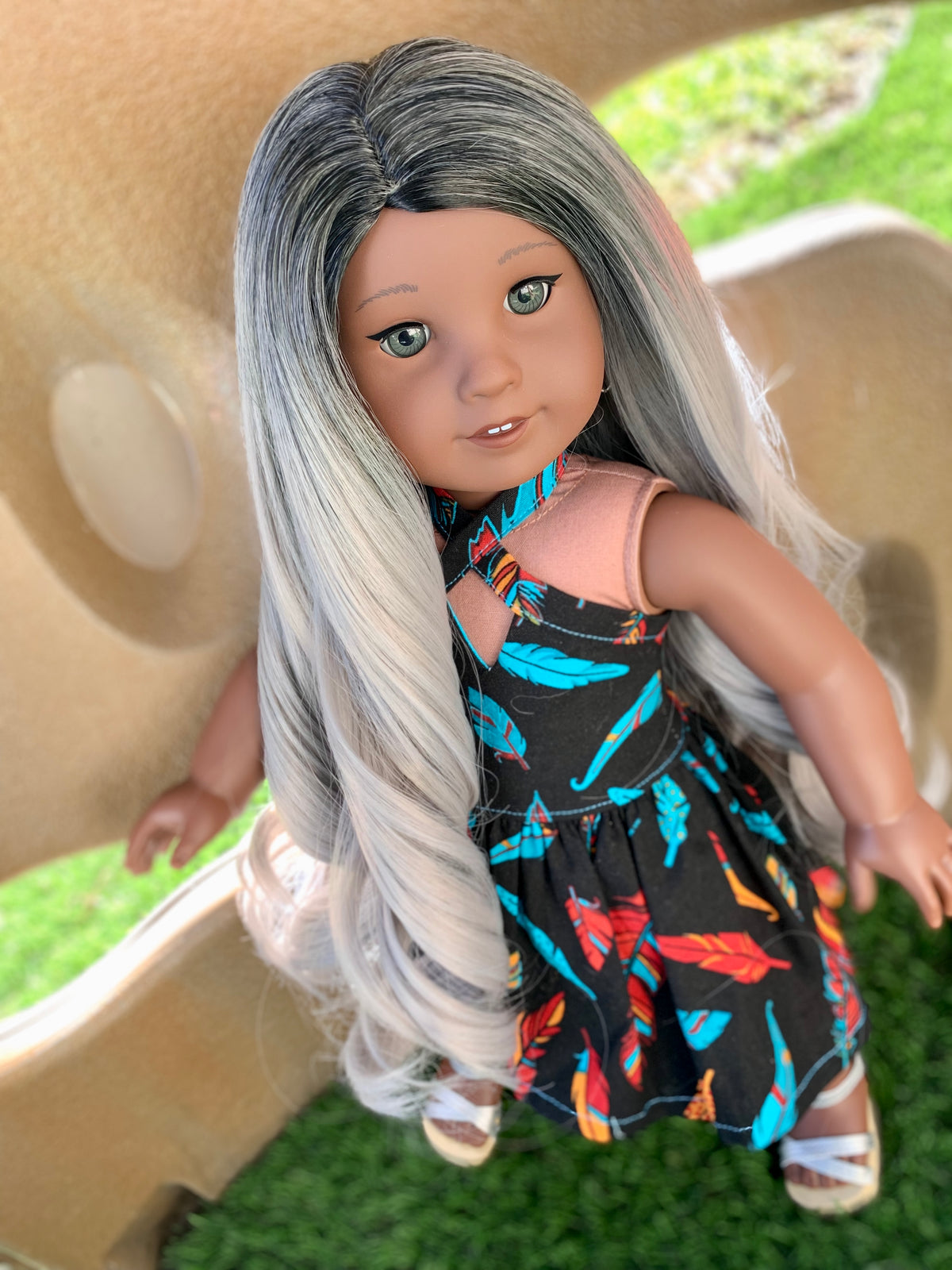 Zazou Custom DYED OMBRE Doll Wig for 18" American Doll  Heat Safe Tangle Resistant - fits 10-11" head size of all 18" dolls black grey ombre