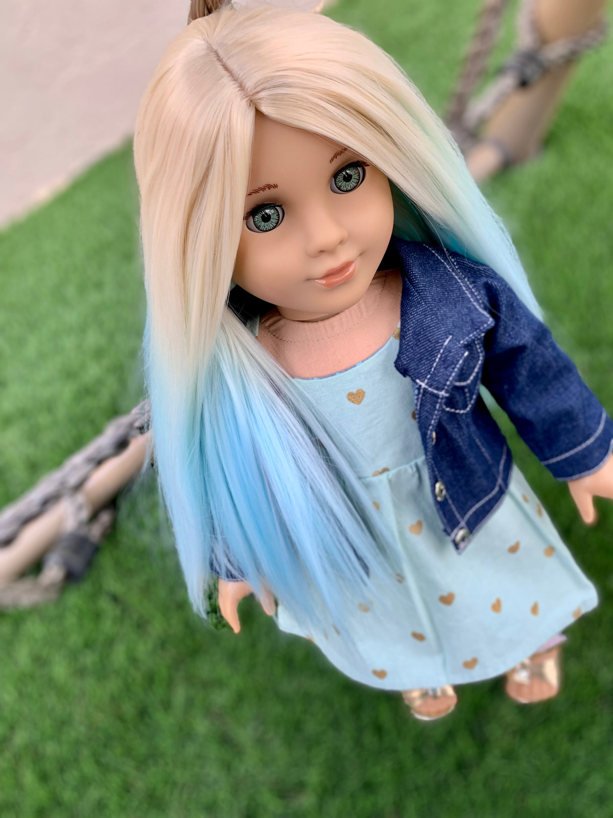 Zazou Custom DYED OMBRE Doll Wig for 18" American Dolls Heat Safe Tangle Resistant - fits 10-11" head size of 18" dolls Unicorn Ombre blue