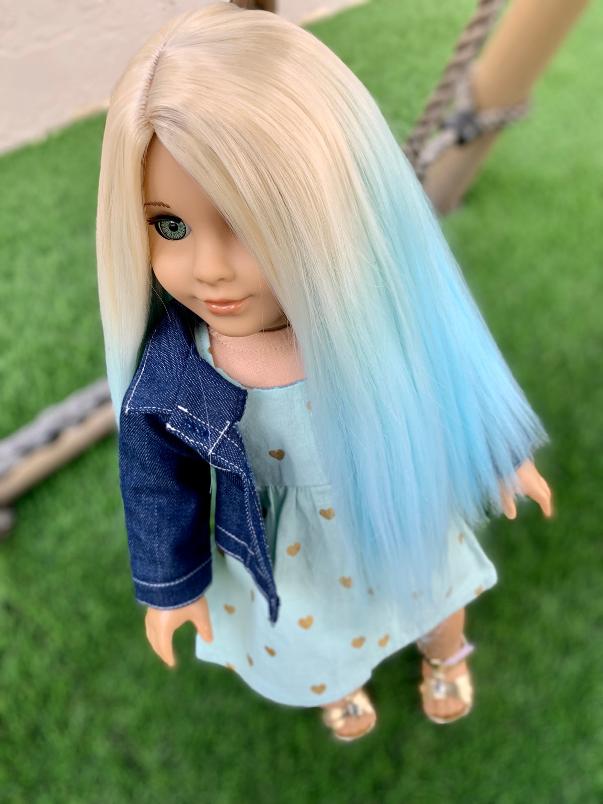 Zazou Custom DYED OMBRE Doll Wig for 18" American Dolls Heat Safe Tangle Resistant - fits 10-11" head size of 18" dolls Unicorn Ombre blue