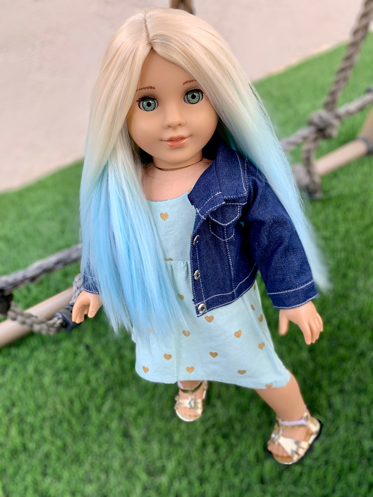 Zazou Custom DYED OMBRE Doll Wig for 18" American Dolls Heat Safe Tangle Resistant - fits 10-11" head size of 18" dolls Unicorn Ombre blue