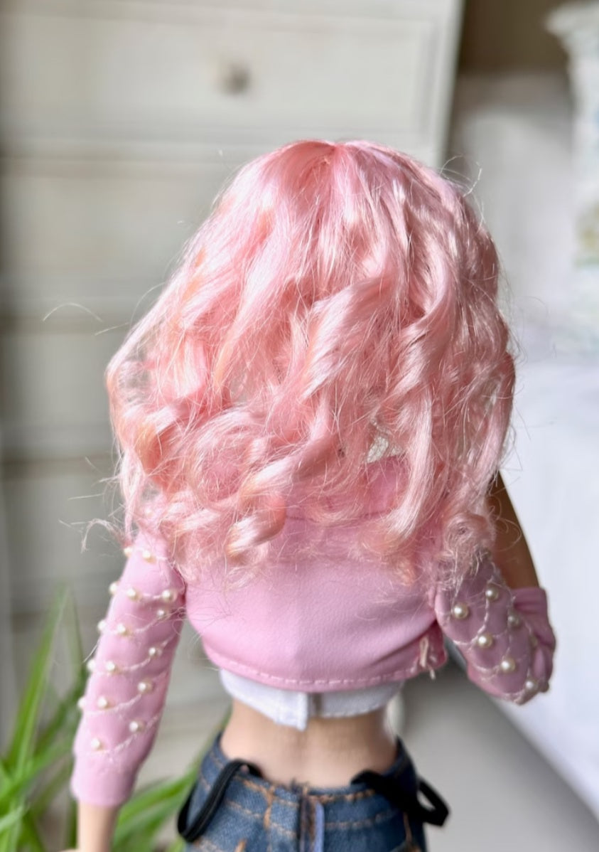Grapefruit Pink Vegan Mohair Wig for 1/6 Fashion Dolls, 3-4" Head