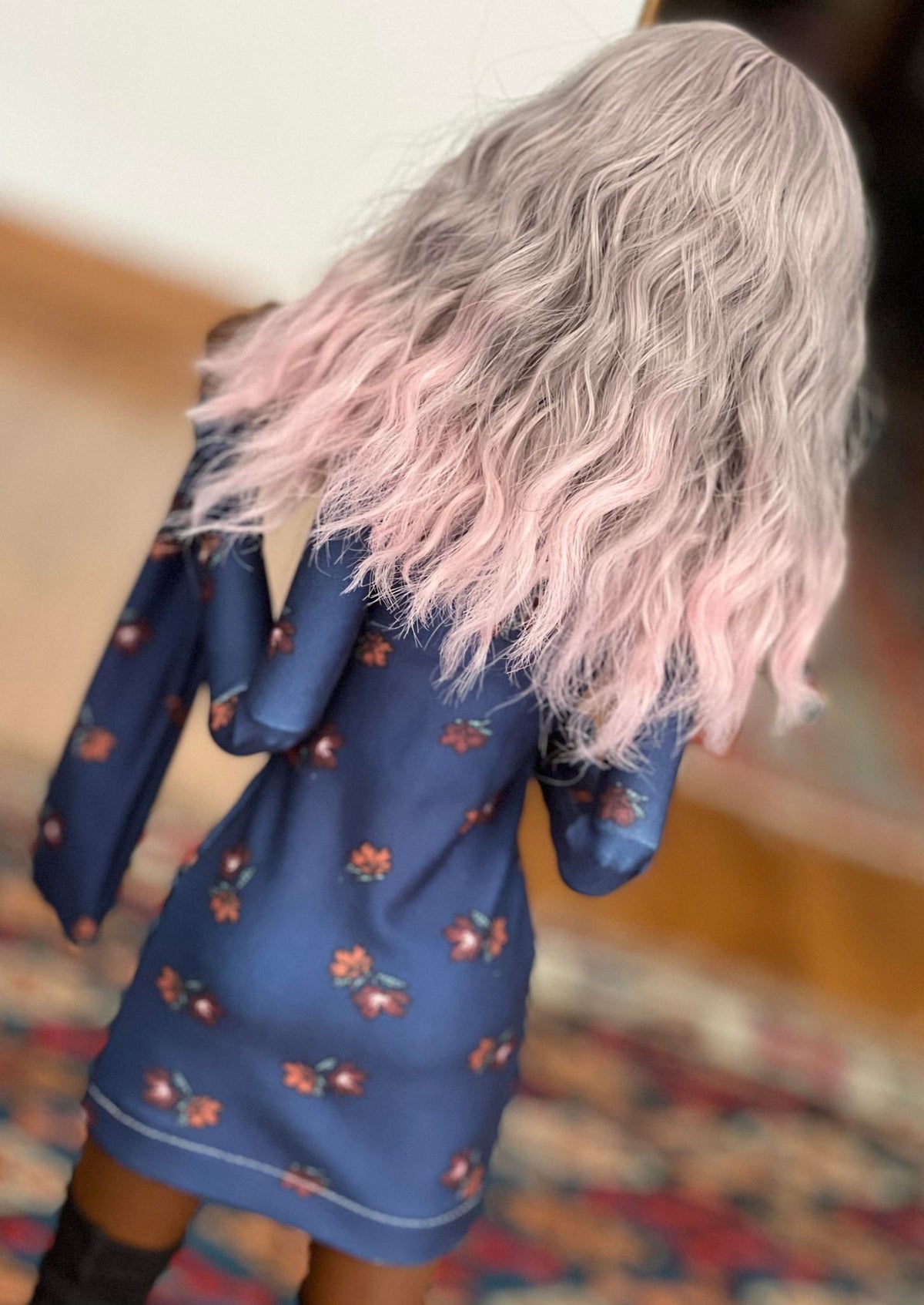 Custom doll Wig for Smart Dolls- Heat Safe - Tangle Resistant- 8.5" head size of Bjd, SD, Dollfie Dream dolls  Ombre grey to pink bangs
