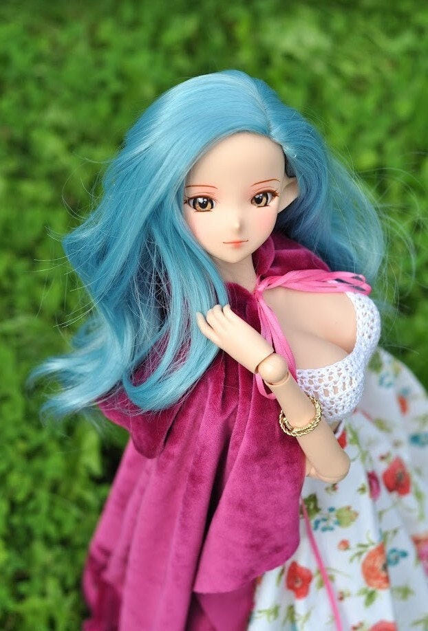 Custom doll WIG for Smart Dolls- Heat Safe - Tangle Resistant- 8.5" head size of Bjd, Sd, Dollfie Dream dolls Blue "TAN CAPS"