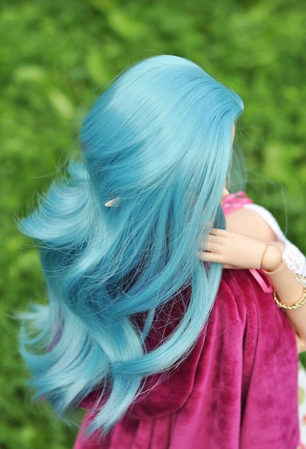 Custom doll WIG for Smart Dolls- Heat Safe - Tangle Resistant- 8.5" head size of Bjd, Sd, Dollfie Dream dolls Blue "TAN CAPS"