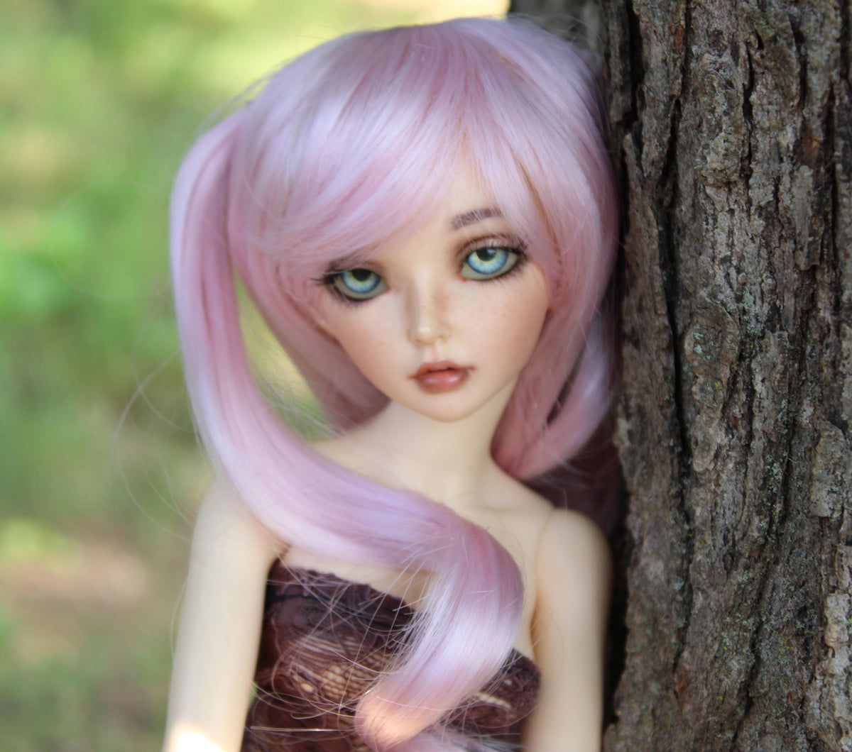 Custom doll Wig for Minifee Dolls- "TAN CAPS" 6-7" head size of Bjd, msd, Boneka ,Fairyland Minifee dolls anime pink pigtails