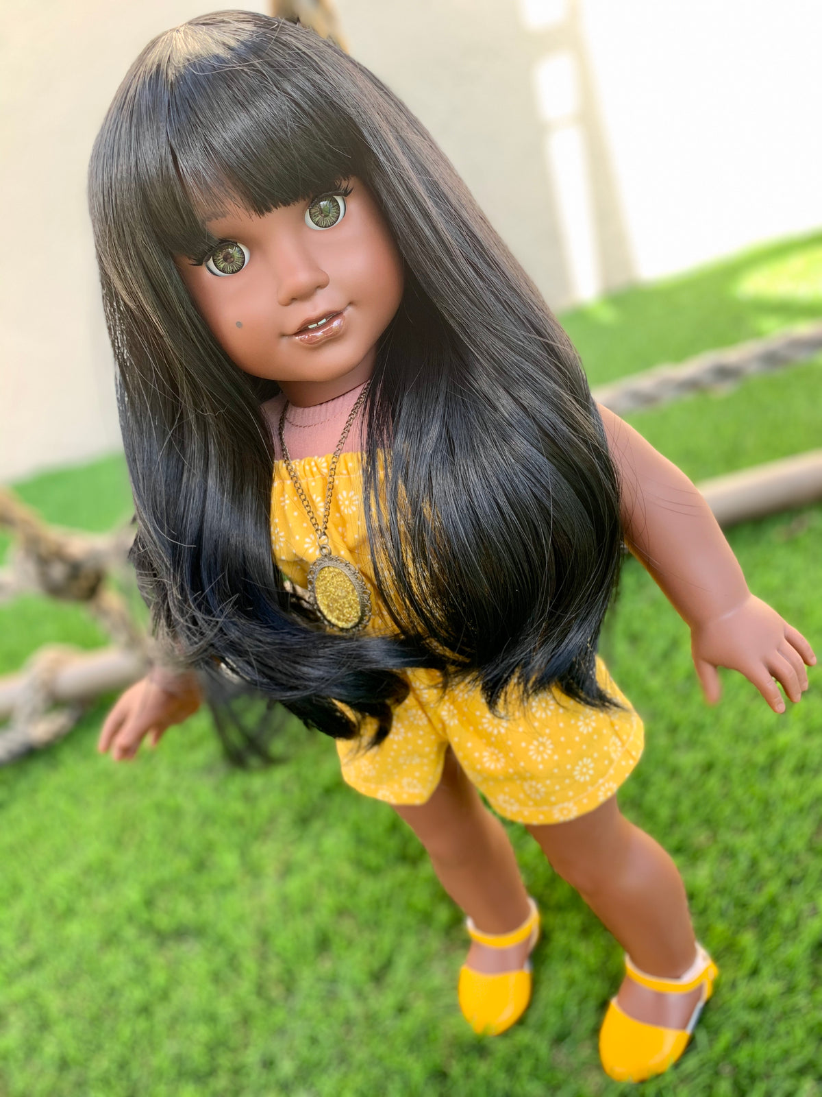 PREORDER Zazou 11" Custom Doll Wig fits Dolls such as American Doll Journey Girls OG Gotz Heat Safe tangle Resistant Black wispy Bangs