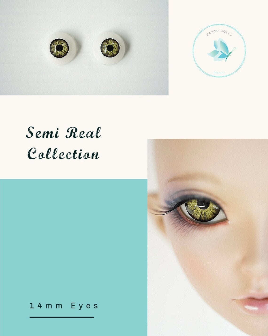 Natural Minifee Eyes , realistic doll eyes, doll eyes replacement, 14mm Fit BJD, SD Semireal Doll and similar Light Green