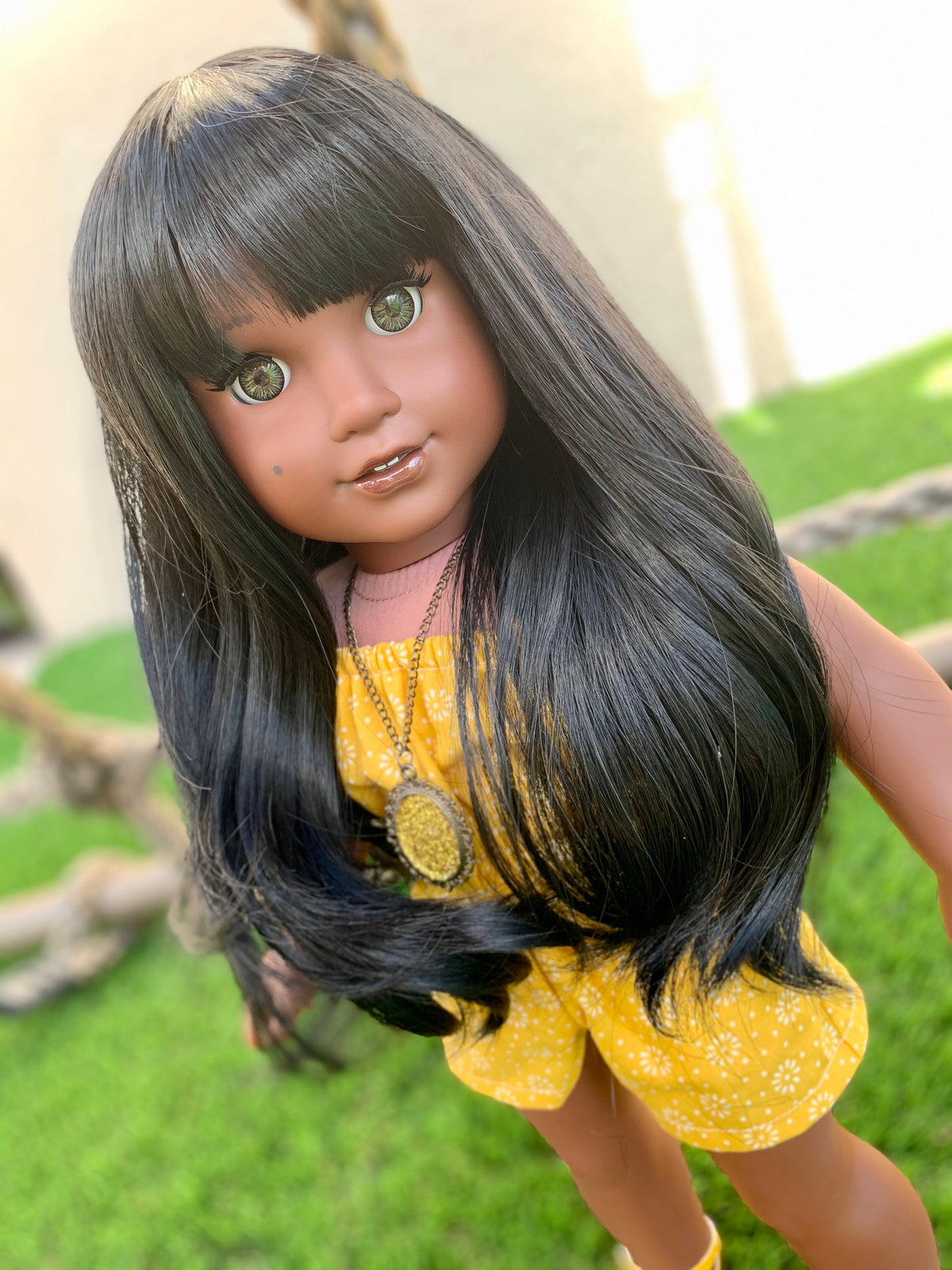 PREORDER 11" Custom Doll Wig fits American Girl Dolls Journey Girls Our Generation Gotz HEAT SAFE tangle Resistant Black Bangs
