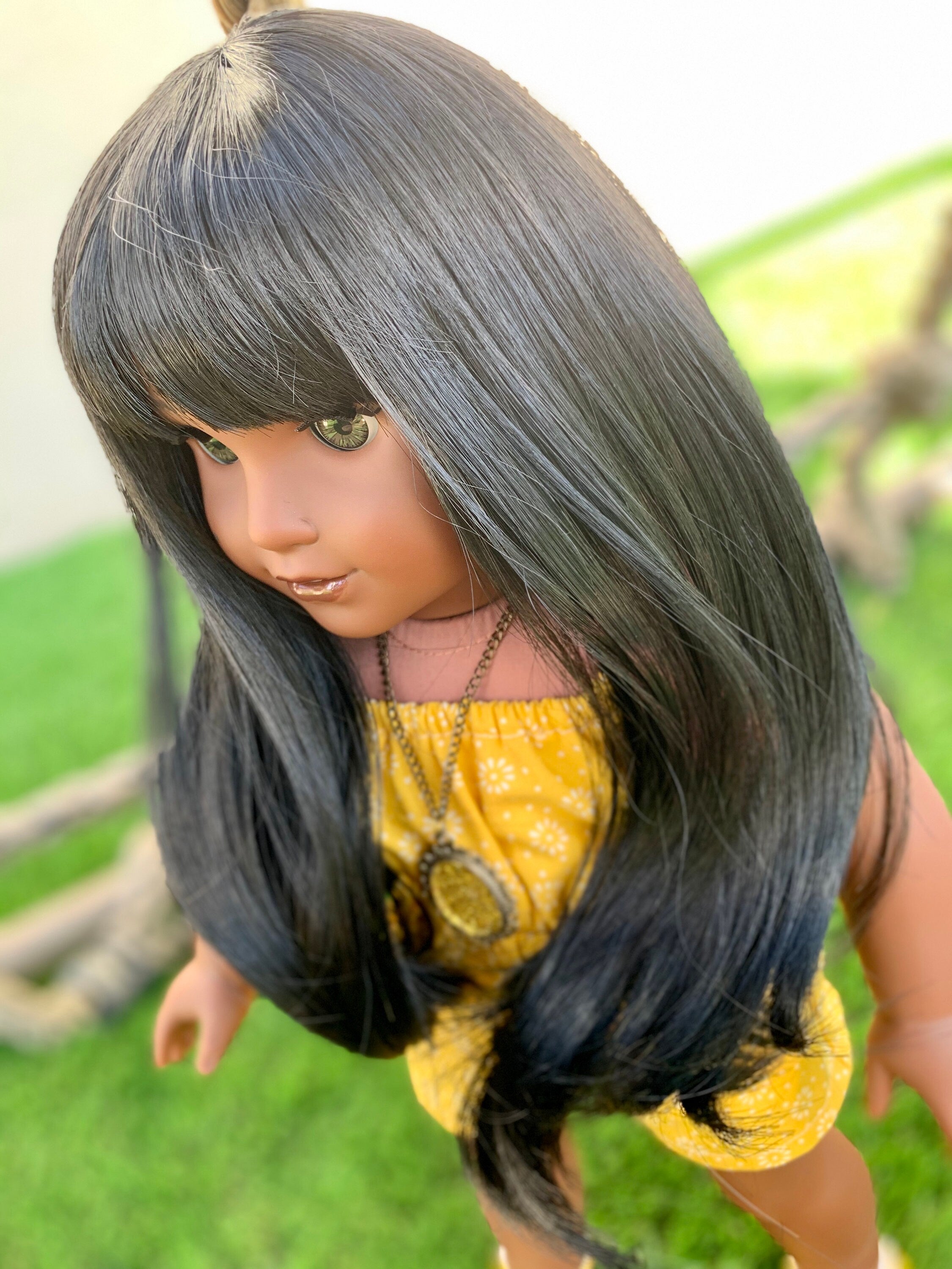 11" Custom Doll Wig fits American Girl Dolls Journey Girls Our Generation Gotz HEAT SAFE tangle Resistant Black Bangs