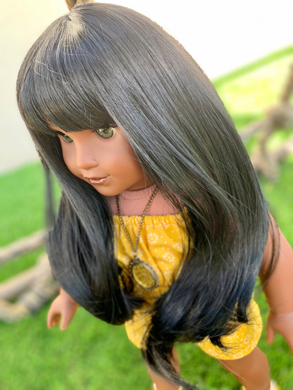 PREORDER 11" Custom Doll Wig fits American Girl Dolls Journey Girls Our Generation Gotz HEAT SAFE tangle Resistant Black Bangs