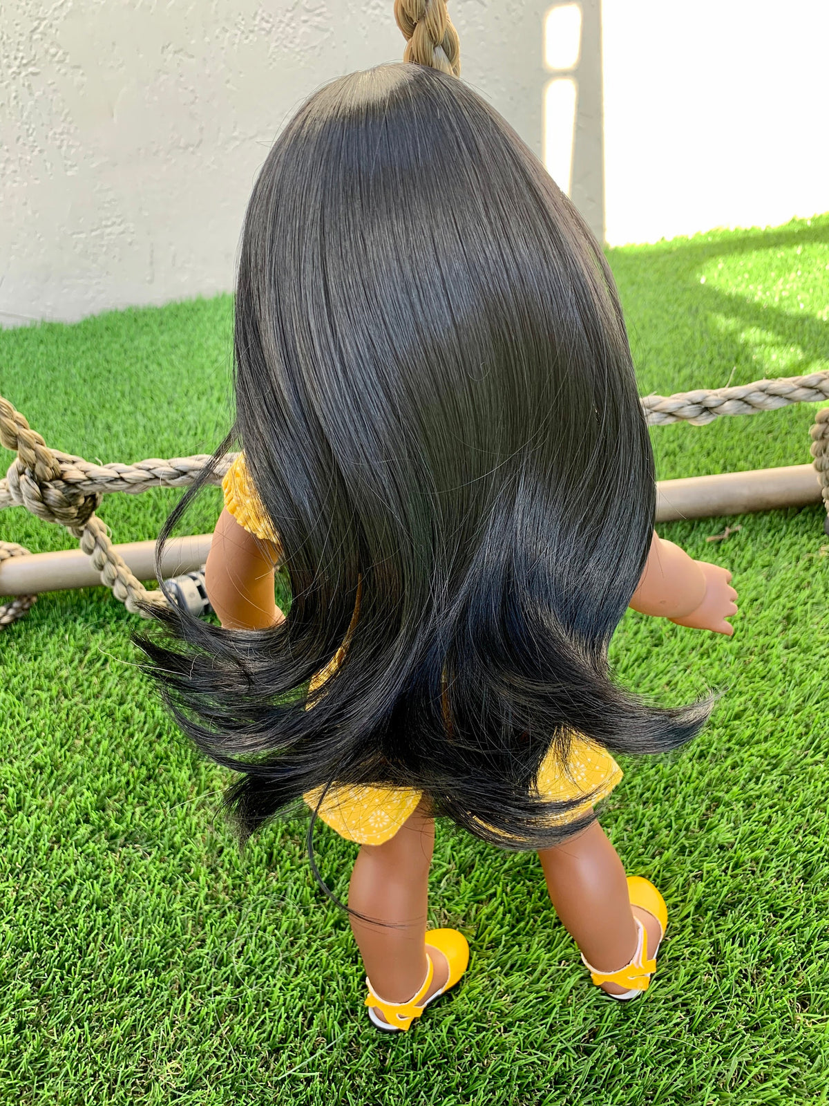 PREORDER 11" Custom Doll Wig fits American Girl Dolls Journey Girls Our Generation Gotz HEAT SAFE tangle Resistant Black Bangs