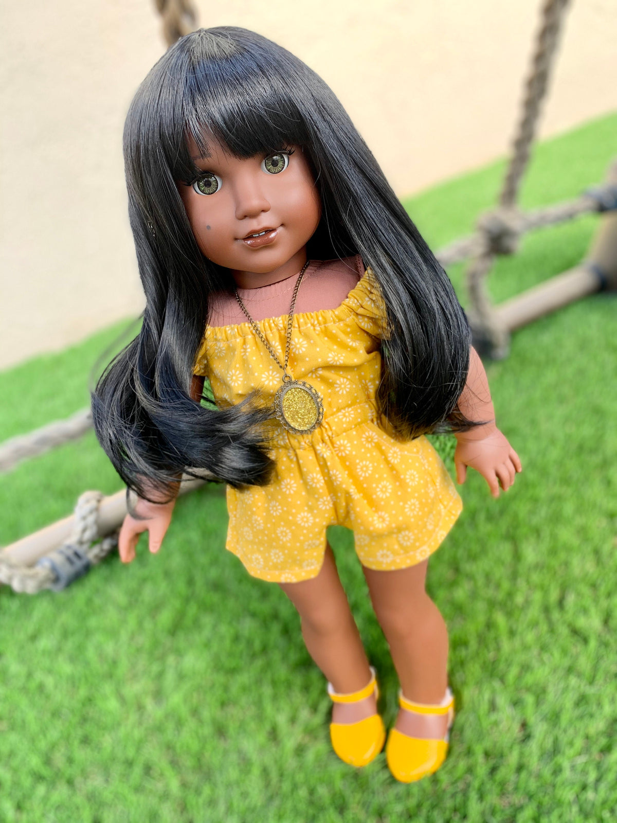 PREORDER 11" Custom Doll Wig fits American Girl Dolls Journey Girls Our Generation Gotz HEAT SAFE tangle Resistant Black Bangs