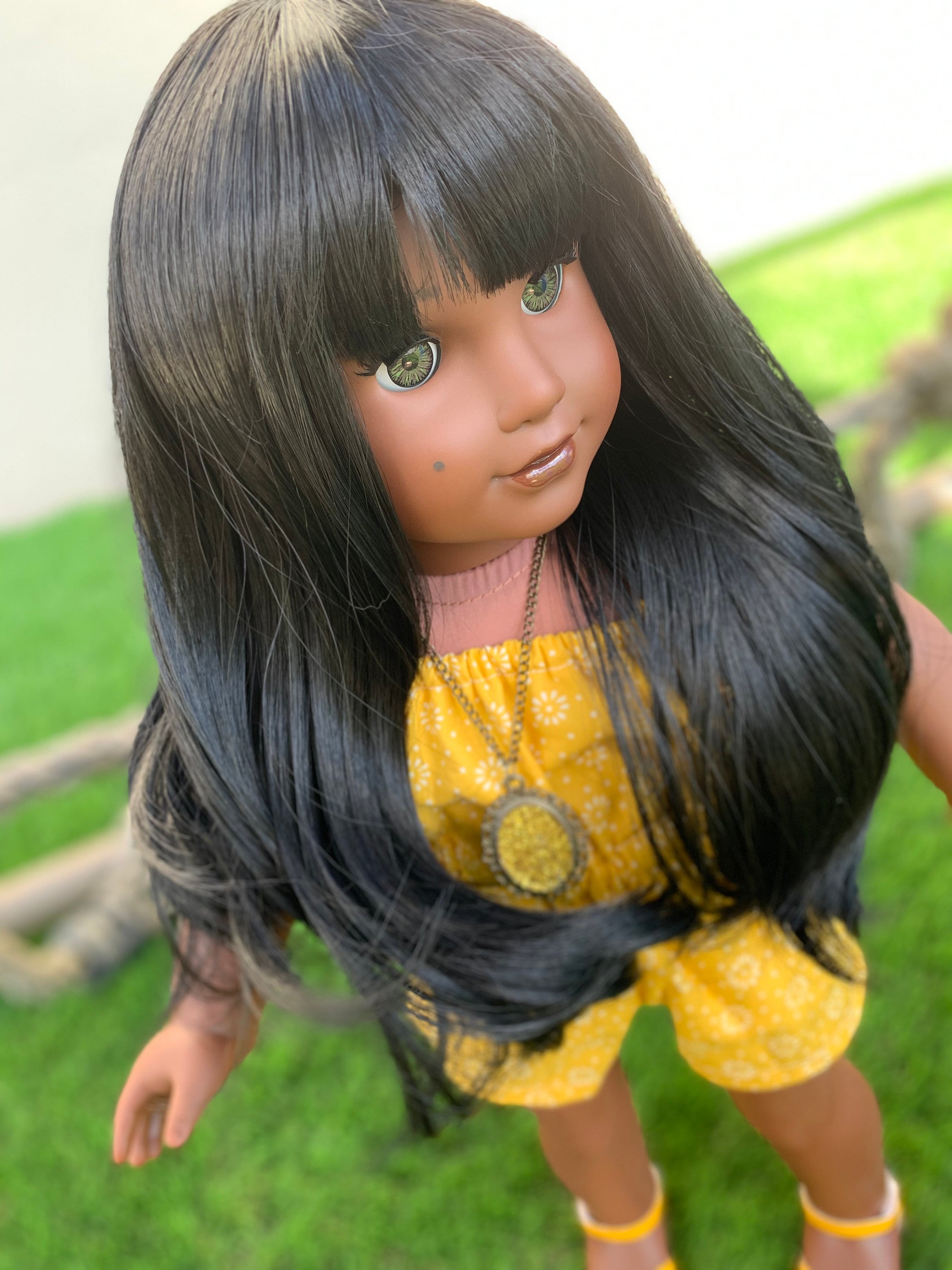 11" Custom Doll Wig fits American Girl Dolls Journey Girls Our Generation Gotz HEAT SAFE tangle Resistant Black Bangs