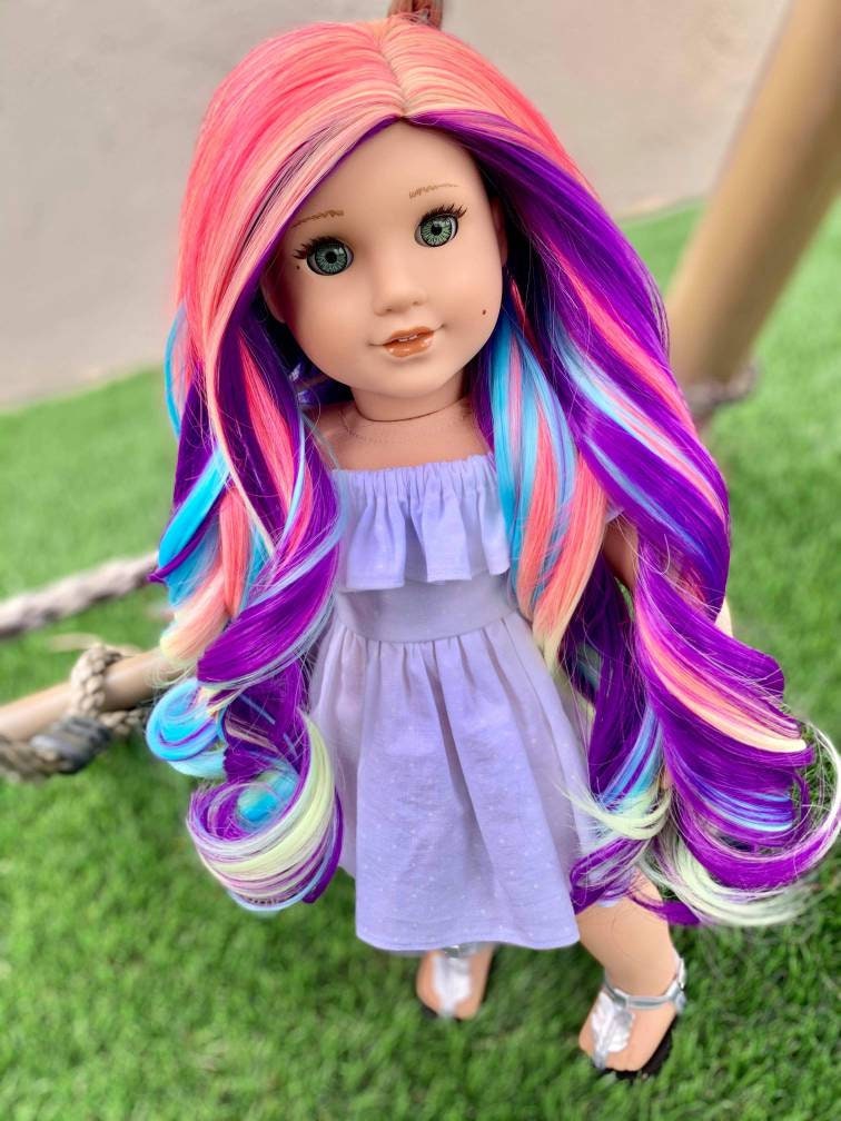 Custom doll wig for 18" American Girl Dolls -Heat & Tangle Resistant - fits 10-11"  size of 18" dolls OG Blythe BJD Gotz Rainbow Unicorn