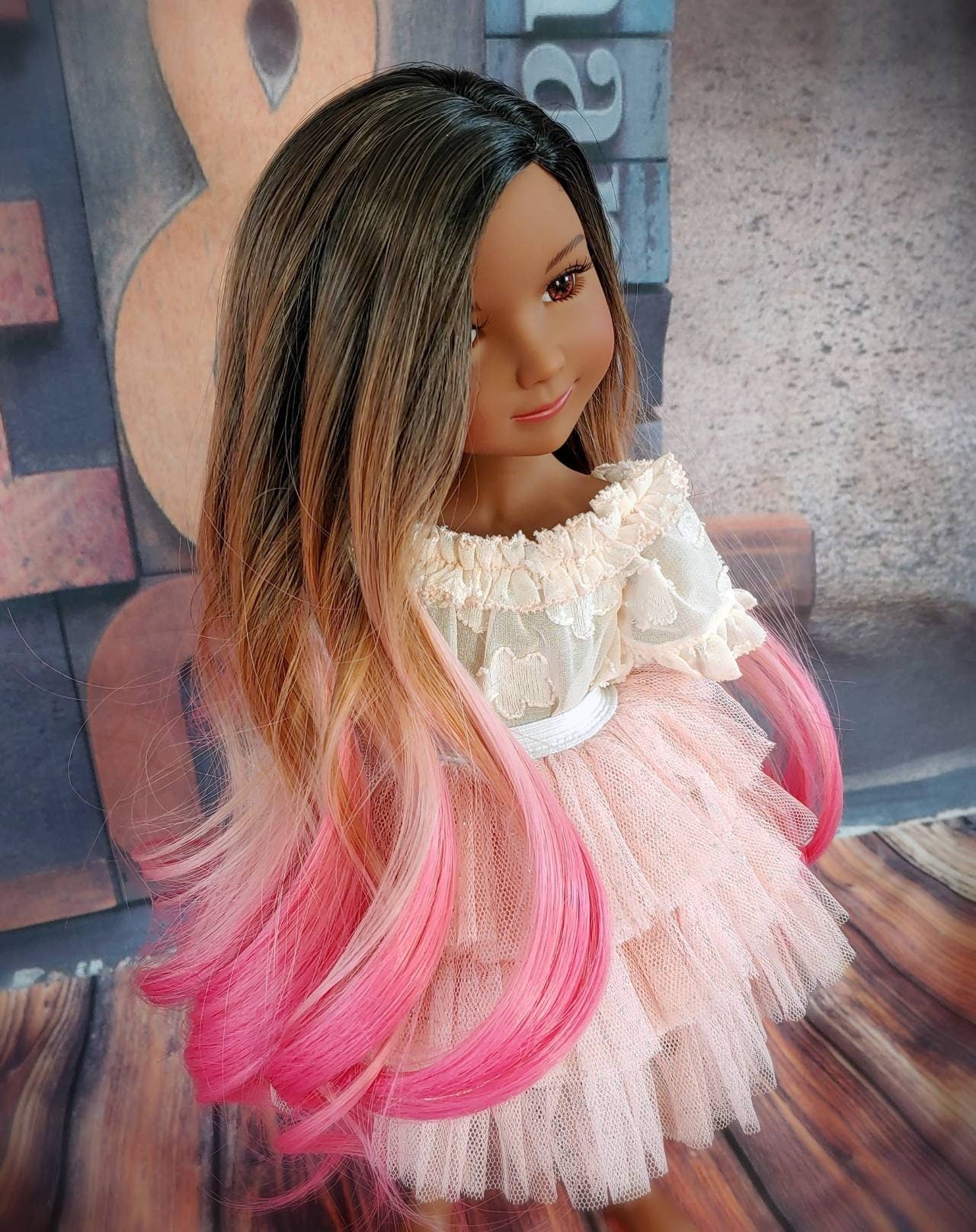 Custom Hand dyed doll WIG for 14"AG Dolls-Heat Safe-Tangle Resistant-fits 8-9" head size Kaye Wiggs Wellie Wishers girls of the orient Ombre