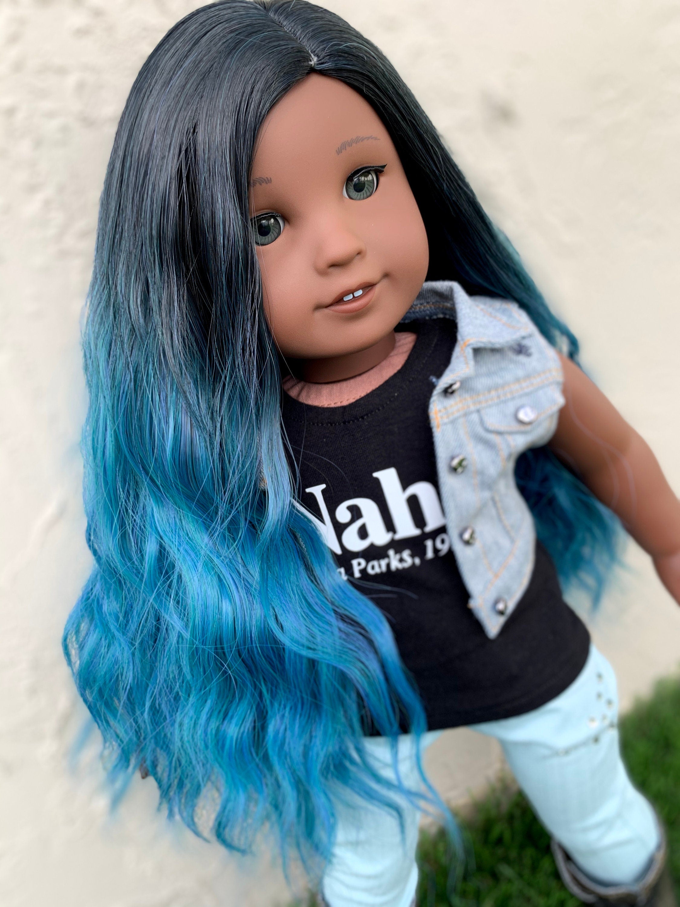 Custom DYED OMBRE Doll Wig for 18" American Girl Doll Heat Safe Tangle Resistant-fits 10-11" head size of all 18" dolls Blue ombre