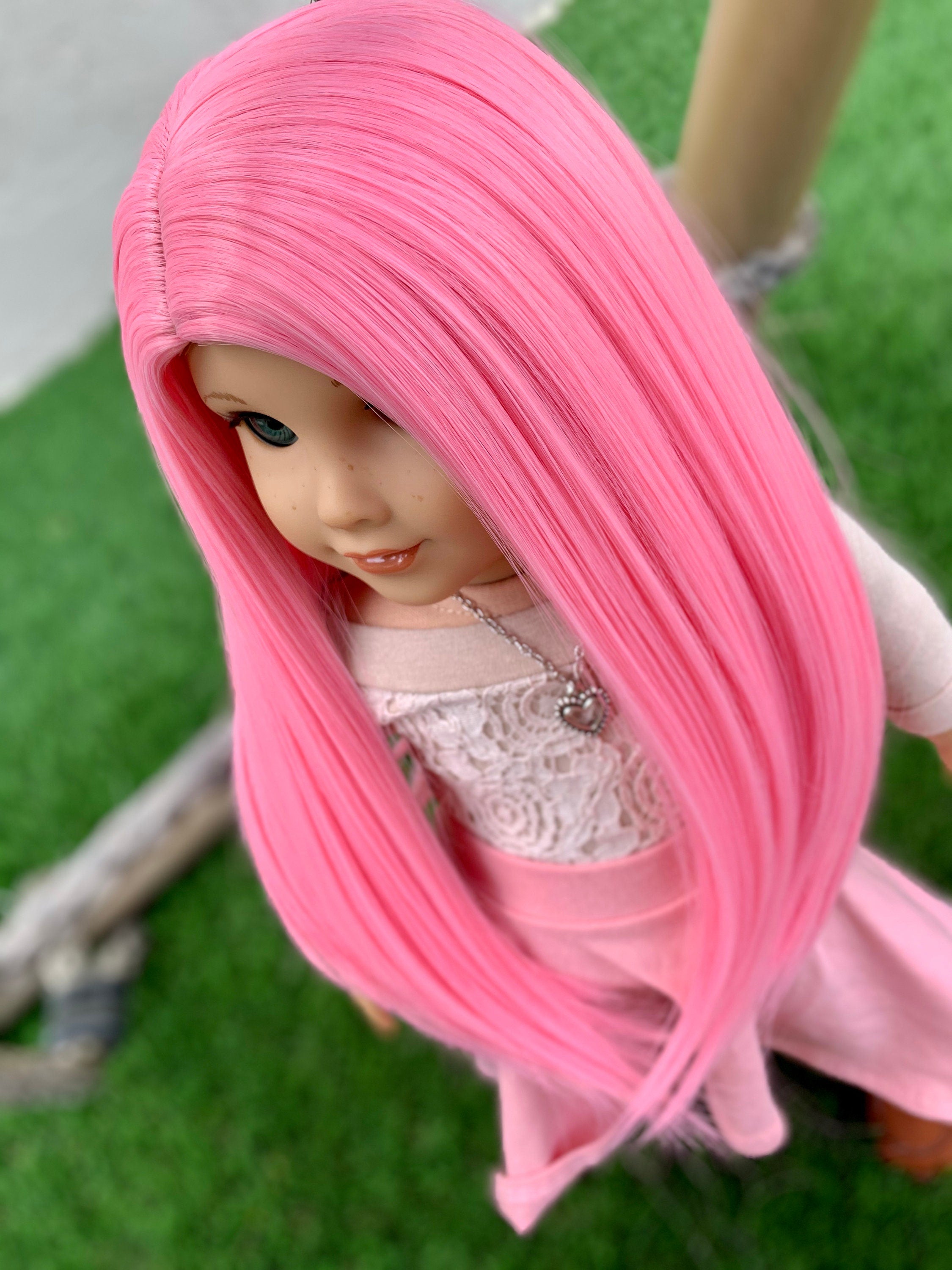 Custom doll wig for 18" American Girl Dolls - Heat Safe - Tangle Resistant - fits 10-11" head size of 18" dolls  Blythe BJD Gotz  pink